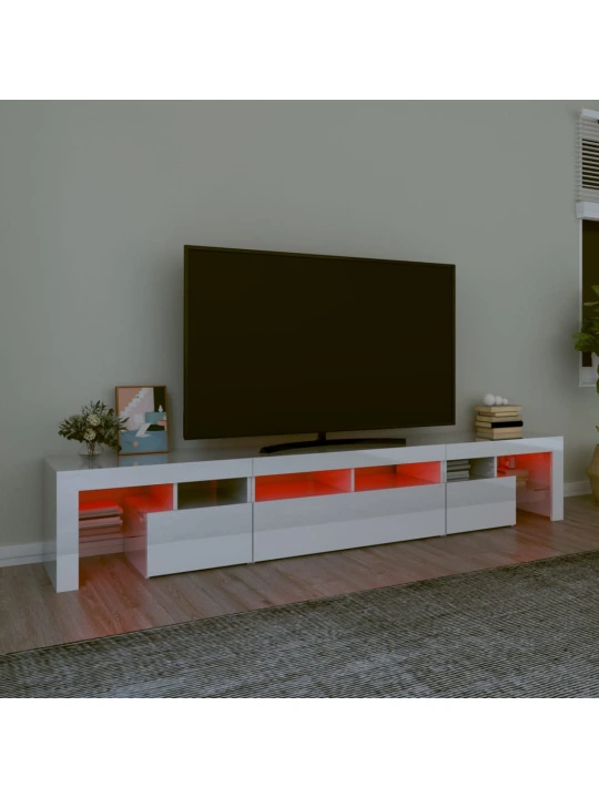 TV spintelė su LED apšvietimu, balta, 230x36,5x40cm, blizgi
