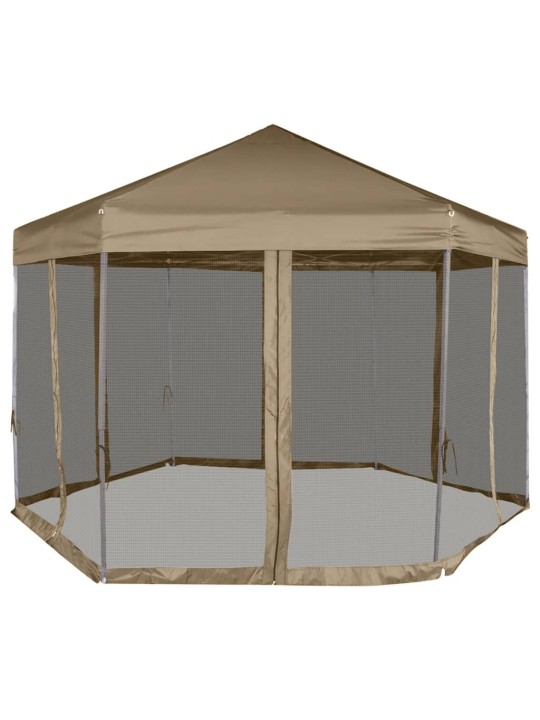 Šešiakampė išskleidžiama palapinė su sienomis, taupe, 3,6x3,1m