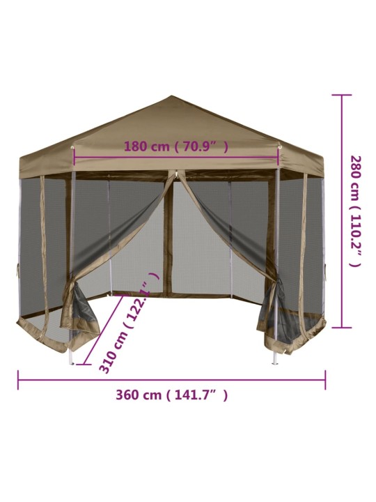 Šešiakampė išskleidžiama palapinė su sienomis, taupe, 3,6x3,1m