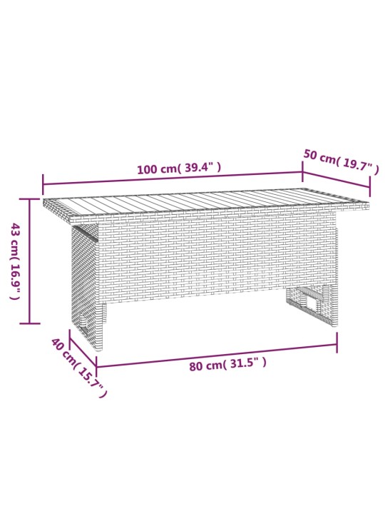 Sodo stalas, juodas, 100x50x43/63cm, akacija ir poliratanas