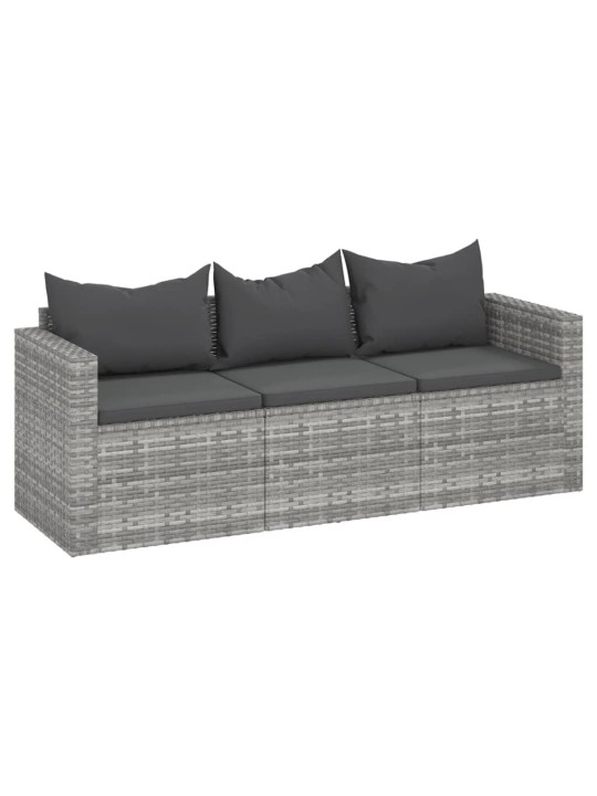 Trivietė sodo sofa su pagalvėlėmis, pilkos spalvos, poliratanas