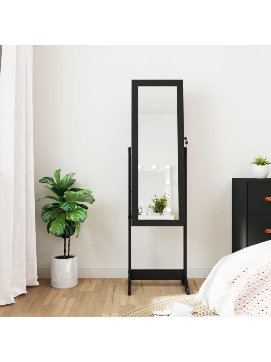 Veidrodinė papuošalų spintelė su LED, juoda, laisvai pastatoma