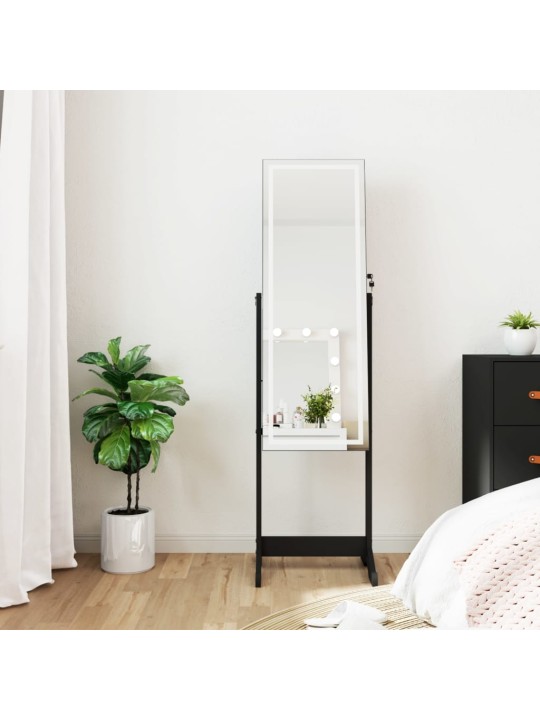 Veidrodinė papuošalų spintelė su LED, juoda, laisvai pastatoma