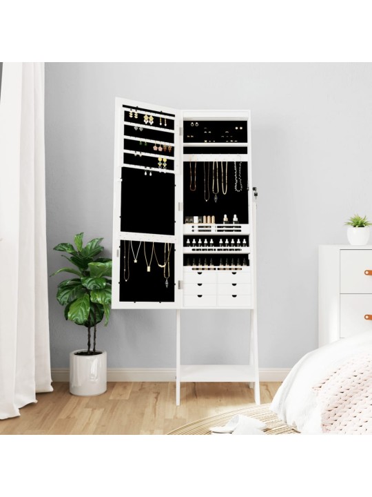 Veidrodinė papuošalų spintelė su LED, balta, laisvai pastatoma