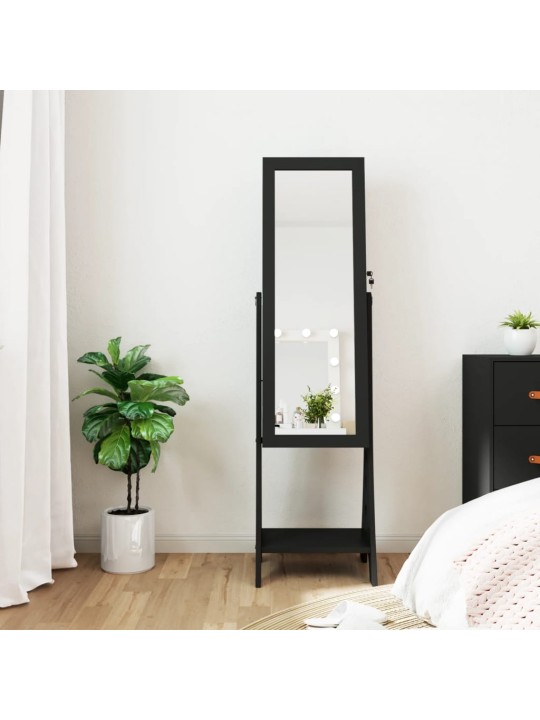 Veidrodinė papuošalų spintelė su LED, juoda, laisvai pastatoma