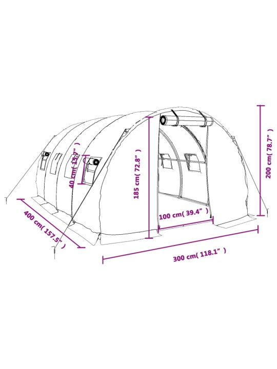 Šiltnamis su plieno rėmu, žalios spalvos, 4x3x2m, 12m²