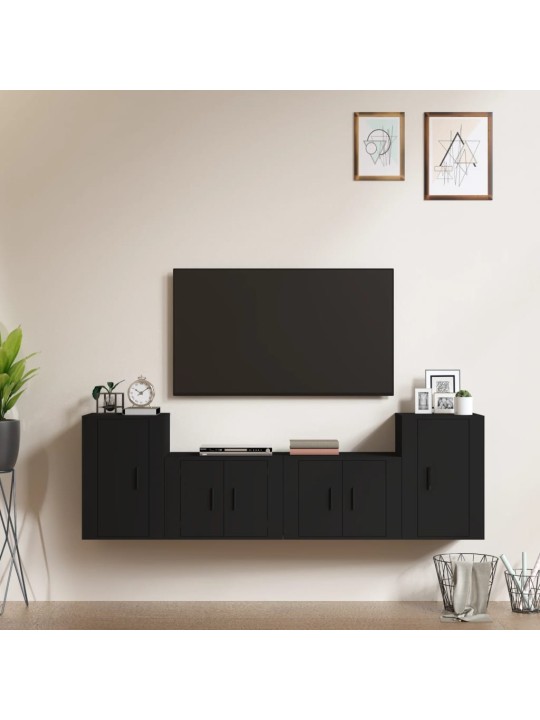 Televizoriaus spintelių komplektas, 4 dalių, juodas, mediena