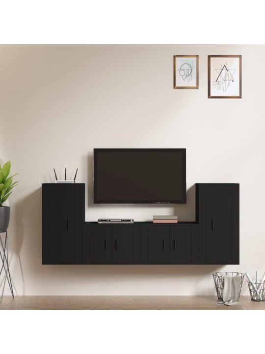 Televizoriaus spintelių komplektas, 4 dalių, juodas, mediena