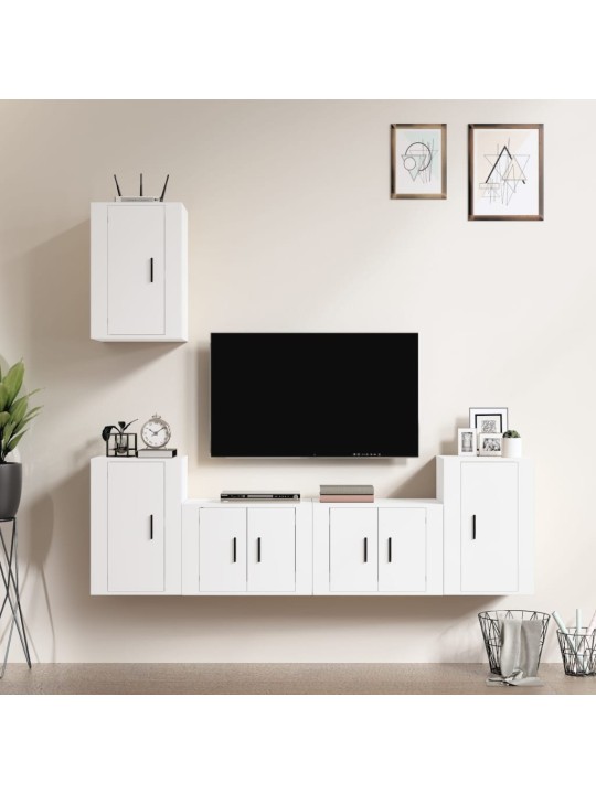 Televizoriaus spintelių komplektas, 5 dalių, baltas, mediena