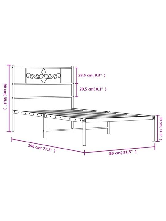Metalinis lovos rėmas su galvūgaliu, baltos spalvos, 75x190cm