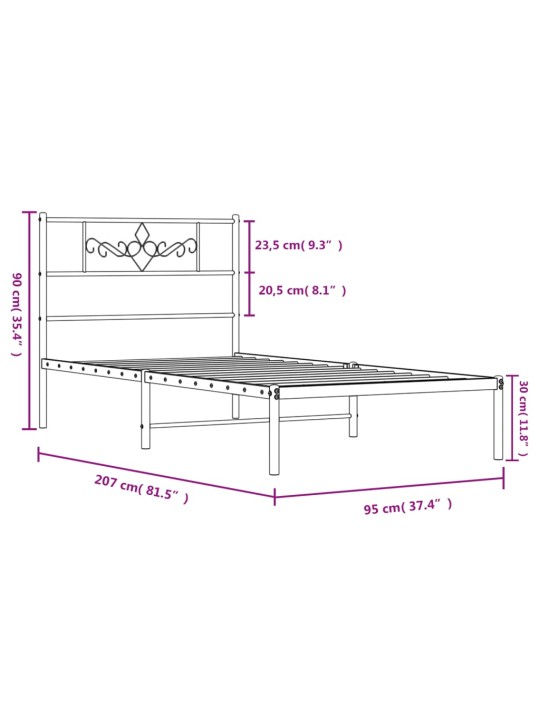 Metalinis lovos rėmas su galvūgaliu, baltos spalvos, 90x200cm