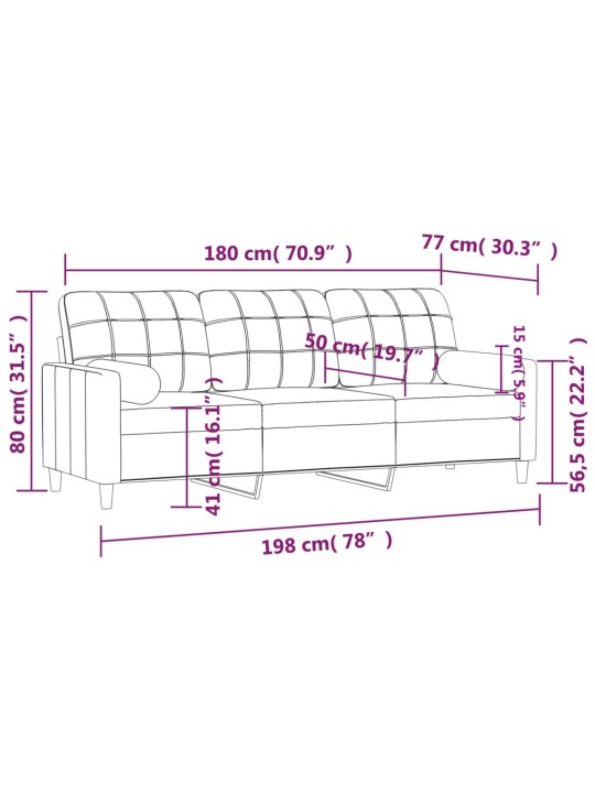 Trivietė sofa su pagalvėlėmis, rudos spalvos, 180cm, audinys