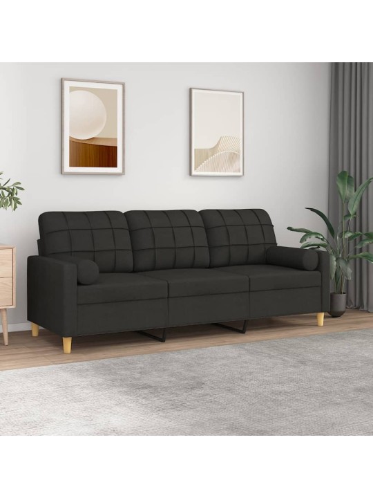 Trivietė sofa su pagalvėlėmis, juodos spalvos, 180cm, audinys