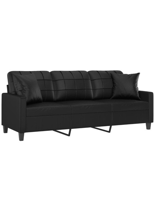 Trivietė sofa su pagalvėlėmis, juoda, 180cm, dirbtinė oda