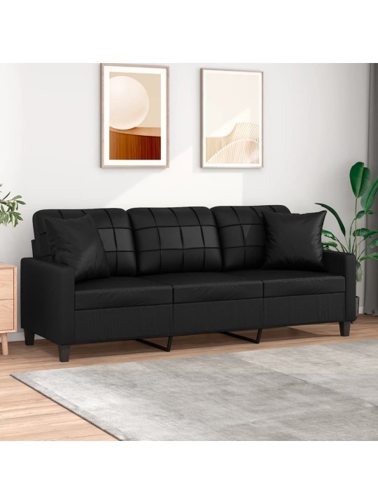 Trivietė sofa su pagalvėlėmis, juoda, 180cm, dirbtinė oda