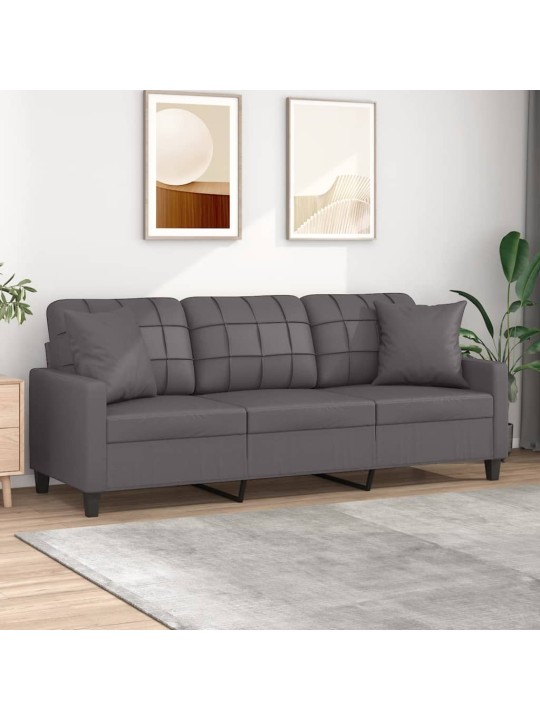 Trivietė sofa su pagalvėlėmis, pilka, 180cm, dirbtinė oda