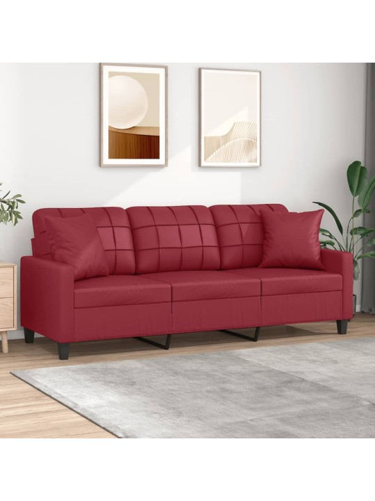 Trivietė sofa su pagalvėlėmis, vyno, 180cm, dirbtinė oda