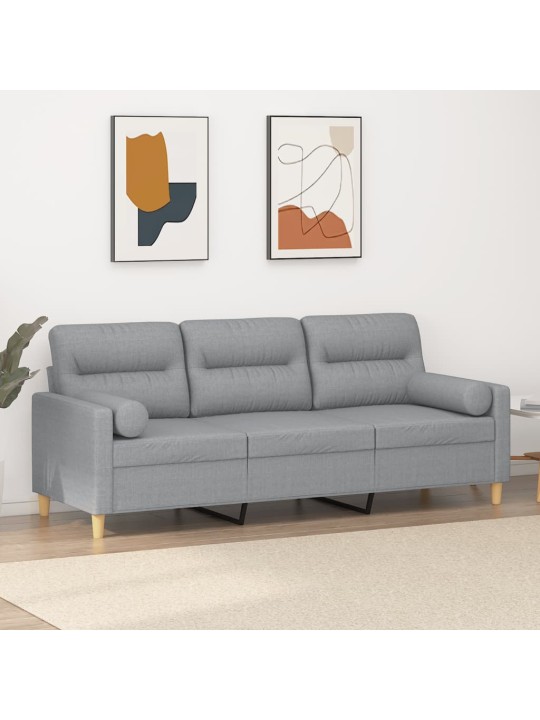Trivietė sofa su pagalvėlėmis, šviesiai pilka, 180cm, audinys
