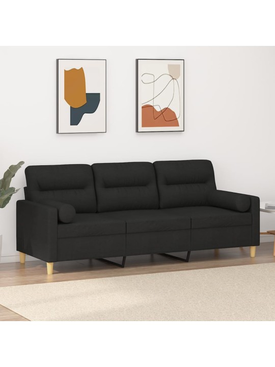 Trivietė sofa su pagalvėlėmis, juodos spalvos, 180cm, audinys