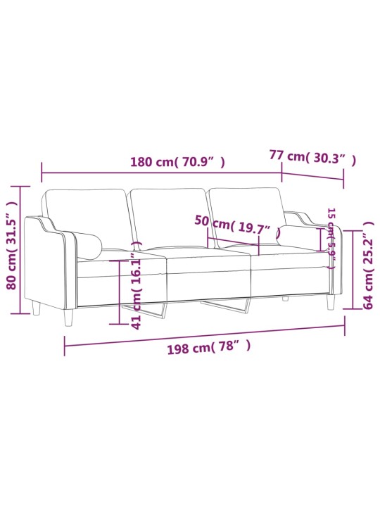 Trivietė sofa su pagalvėlėmis, šviesiai pilka, 180cm, audinys
