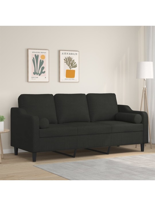 Trivietė sofa su pagalvėlėmis, juodos spalvos, 180cm, audinys