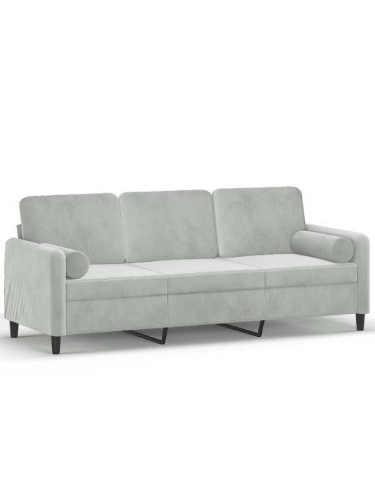 Trivietė sofa su pagalvėlėmis, šviesiai pilka, 180cm, aksomas