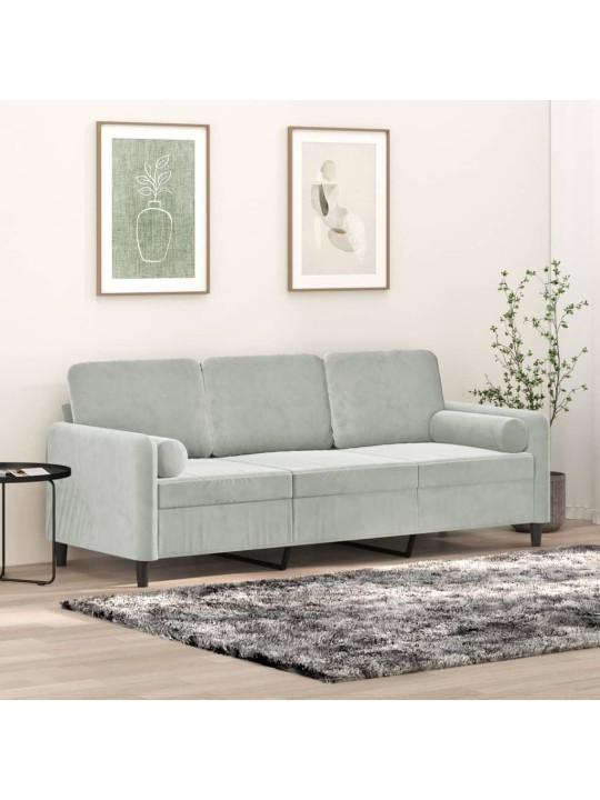 Trivietė sofa su pagalvėlėmis, šviesiai pilka, 180cm, aksomas