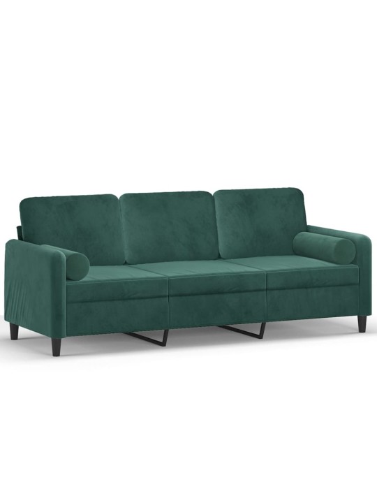Trivietė sofa su pagalvėlėmis, tamsiai žalia, 180cm, aksomas