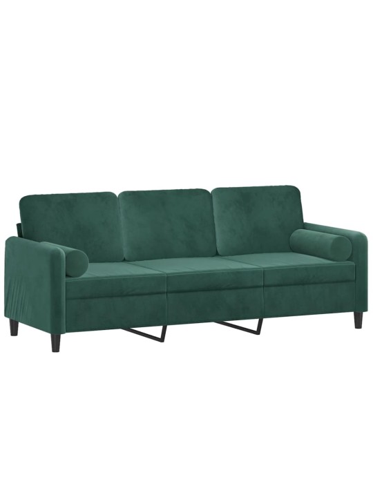 Trivietė sofa su pagalvėlėmis, tamsiai žalia, 180cm, aksomas