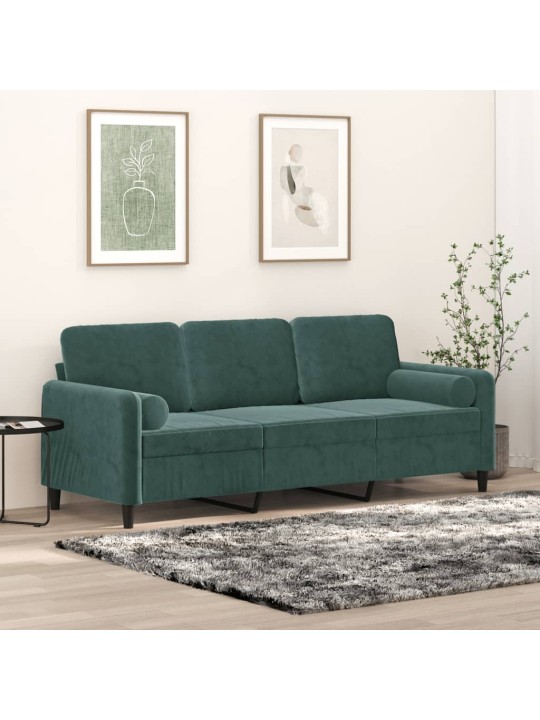 Trivietė sofa su pagalvėlėmis, tamsiai žalia, 180cm, aksomas