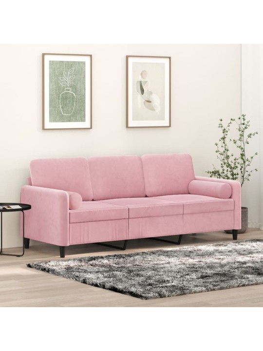 Trivietė sofa su pagalvėlėmis, rožinės spalvos, 180cm, aksomas
