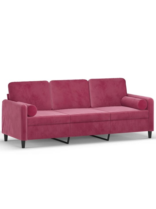 Trivietė sofa su pagalvėlėmis, raudonojo vyno, 180cm, aksomas