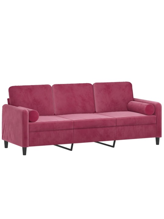 Trivietė sofa su pagalvėlėmis, raudonojo vyno, 180cm, aksomas