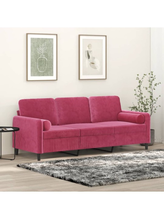 Trivietė sofa su pagalvėlėmis, raudonojo vyno, 180cm, aksomas