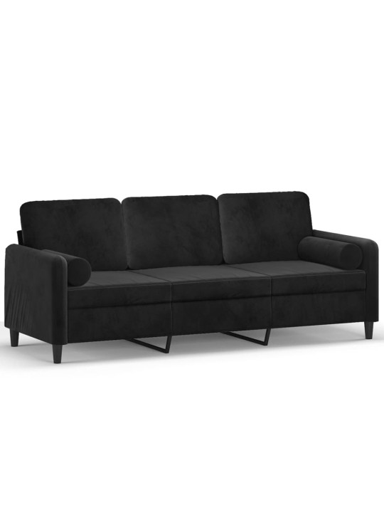 Trivietė sofa su pagalvėlėmis, juodos spalvos, 180cm, aksomas