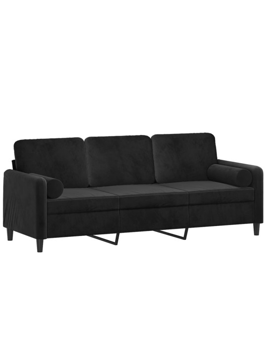 Trivietė sofa su pagalvėlėmis, juodos spalvos, 180cm, aksomas