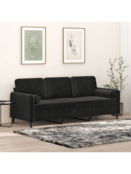 Trivietė sofa su pagalvėlėmis, juodos spalvos, 180cm, aksomas
