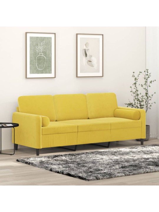 Trivietė sofa su pagalvėlėmis, geltonos spalvos, 180cm, aksomas