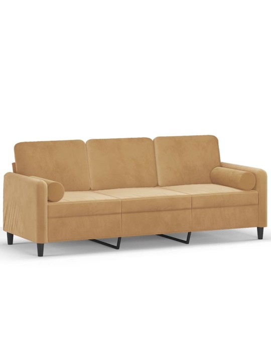 Trivietė sofa su pagalvėlėmis, rudos spalvos, 180cm, aksomas