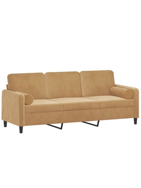 Trivietė sofa su pagalvėlėmis, rudos spalvos, 180cm, aksomas
