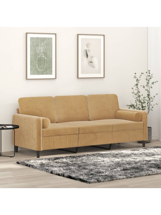 Trivietė sofa su pagalvėlėmis, rudos spalvos, 180cm, aksomas