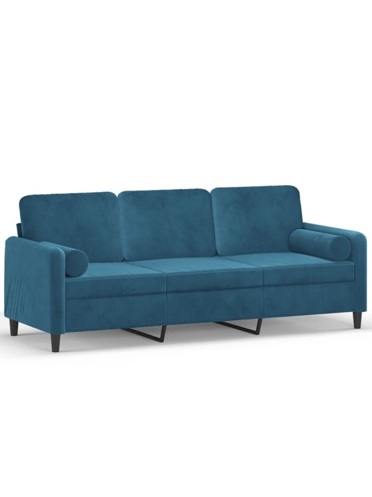 Trivietė sofa su pagalvėlėmis, mėlynos spalvos, 180cm, aksomas