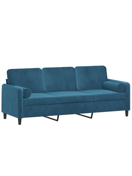 Trivietė sofa su pagalvėlėmis, mėlynos spalvos, 180cm, aksomas