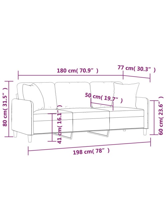 Trivietė sofa su pagalvėlėmis, juodos spalvos, 180cm, audinys