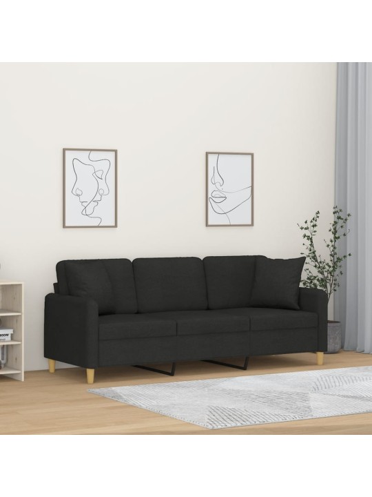 Trivietė sofa su pagalvėlėmis, juodos spalvos, 180cm, audinys