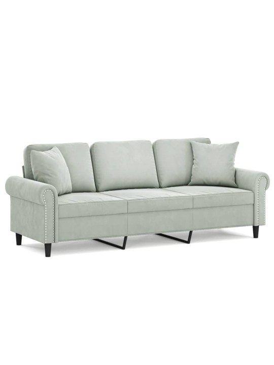 Trivietė sofa su pagalvėlėmis, šviesiai pilka, 180cm, aksomas