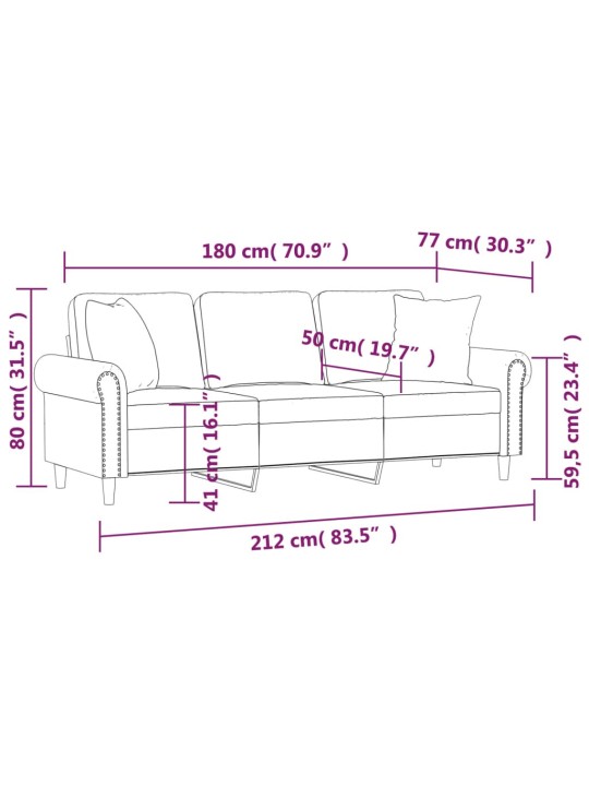 Trivietė sofa su pagalvėlėmis, šviesiai pilka, 180cm, aksomas