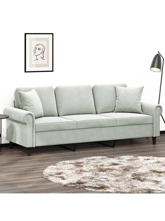 Trivietė sofa su pagalvėlėmis, šviesiai pilka, 180cm, aksomas