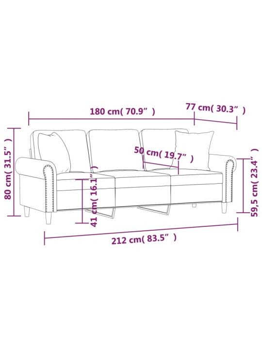 Trivietė sofa su pagalvėlėmis, tamsiai pilka, 180cm, aksomas