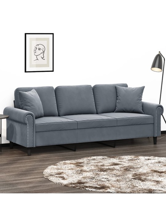 Trivietė sofa su pagalvėlėmis, tamsiai pilka, 180cm, aksomas